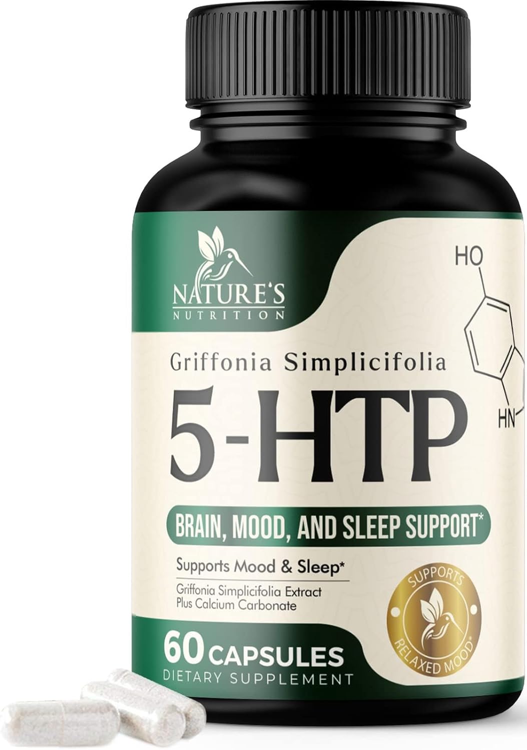 5 HTP Supplement Capsules 200 mg 5HTP Plus Calcium for Brain Mood and Sleep Support - Extra Strength 5-HTP Formula - 5 Hydroxytryptophan - Natural, Vegetarian, Gluten Free & Non-GMO - 60 Count