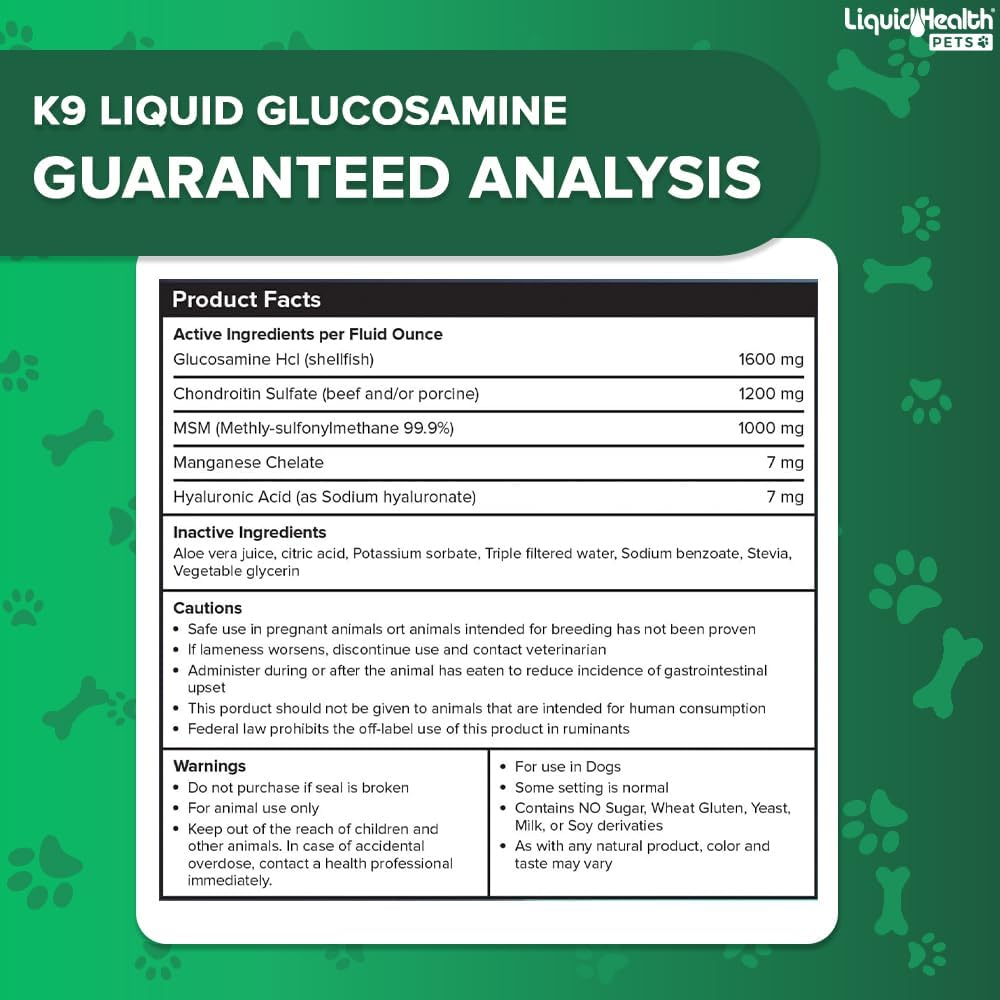LIQUIDHEALTH 128 Oz K9 Liquid Glucosamine for Dogs, Puppies and Seniors - Chondroitin, MSM, Hyaluronic Acid – Dog Hip and Joint Health, Dog Vitamins for Dog Joint Pain, Dog Joint Oil - 1 Gallon : Pet Supplements And Vitamins : Pet Supplies