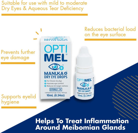 Optimel Manuka Honey Eye Treatment Bundle - Eye Drops, Gel & Eyelid Cream - Dry Eye Itchy Flaky Skin Treatment & Relief - Blepharitis, Corneal - Eczema & Dermatitis, White