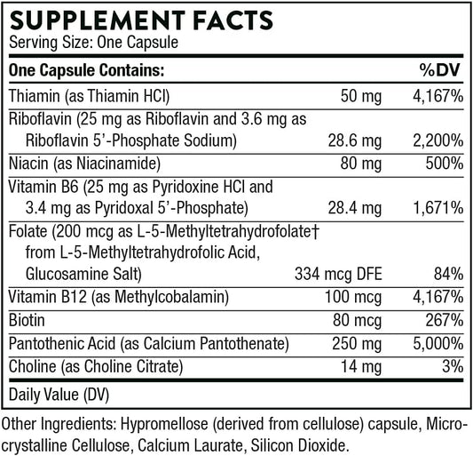 Thorne Stress B-Complex - Vitamins B2, B6, B12, And Folate In Highly-Absorbable And Active Forms - Extra Vitamin B5 For Adrenal Support, Stress Management And Immune Function - 60 Capsules