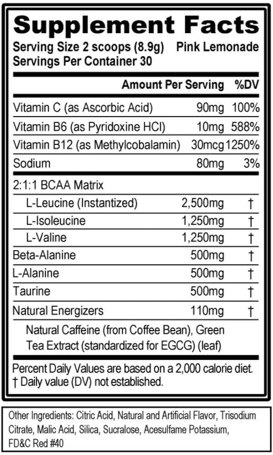 EVL BCAAs Amino Acids Powder - BCAA Energy Pre Workout Powder for Muscle Recovery Lean Growth and Endurance - Rehydrating Post Workout Recovery Drink with Natural Caffeine - Pink Lemonade