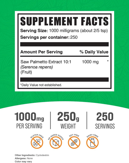 BulkSupplements.com Saw Palmetto Extract Powder - Serenoa Repens, Saw Palmetto Supplement, Saw Palmetto Powder - Vegan & Gluten Free, 1000mg per Serving, 250g (8.8 oz) (Pack of 1)