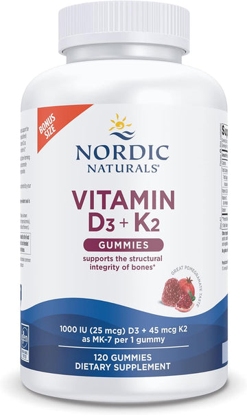 Nordic Naturals Vitamin D3 + K2 Gummies, Pomegranate - 120 Gummies - 1000 IU Vitamin D3 + 45 mcg Vitamin K2 - Great Taste - Bone Health, Promotes Healthy Muscle Function - Non-GMO - 120 Servings