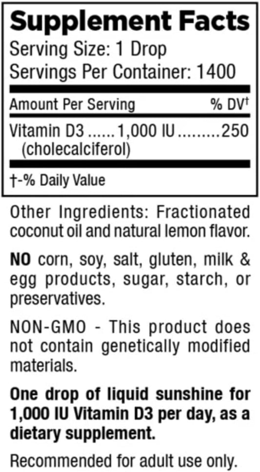 Mt. Angel Vitamins Everyday Liquid Sunshine - Liquid Vitamin D Drops - Easy-to-Use Vitamin D3 Drops with Natural Lemon Flavor (Non-GMO, Vegan, Soy-Free, Gluten-Free) Made in The USA -1400 serv/Bottle