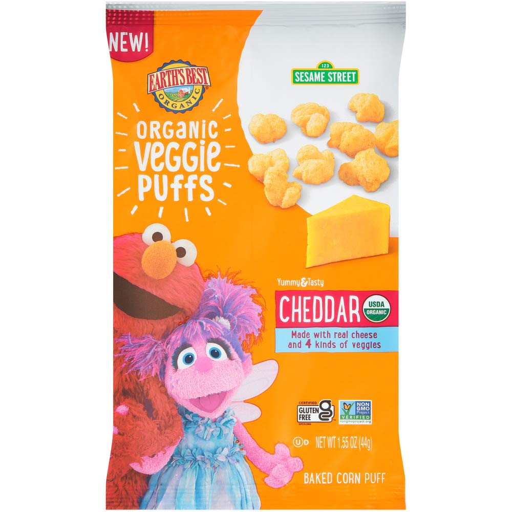 Earth's Best Organic Kids Snacks, Sesame Street Toddler Snacks, Organic Cheddar Veggie Puffs, Gluten Free Snacks for Kids 2 Years and Older, Cheddar, 1.55 oz Bag