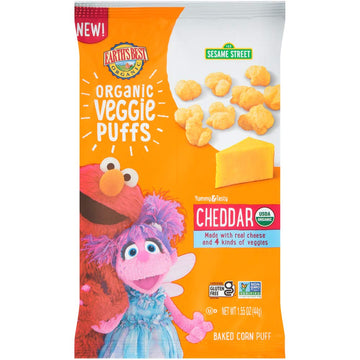 Earth's Best Organic Kids Snacks, Sesame Street Toddler Snacks, Organic Cheddar Veggie Puffs, Gluten Free Snacks for Kids 2 Years and Older, Cheddar, 1.55 oz Bag