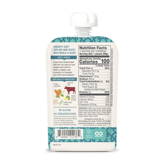 Serenity Kids 7+ Months World Explorers Baby Food Pouches Puree Made With Ethically Sourced Meats & Organic Veggies | 3.5 Ounce Bpa-Free Pouch | Beef Kebab | 6 Count