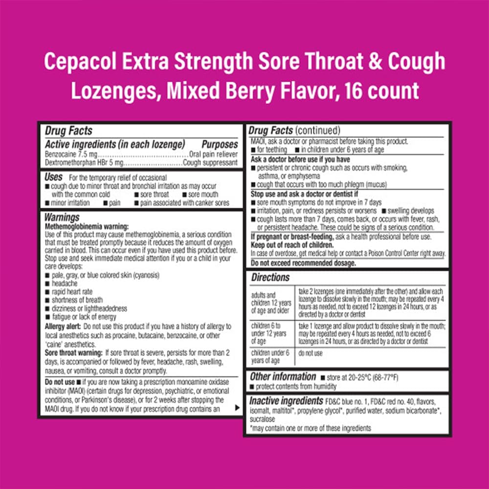 Cepacol Extra Strength Sore Throat Relief Lozenges, Mixed Berry Cough Drops, Maximum Numbing- Fast Acting Sore Throat & Canker Sore Relief With Dextromethorphan & Benzocaine, 16 Count : Health & Household