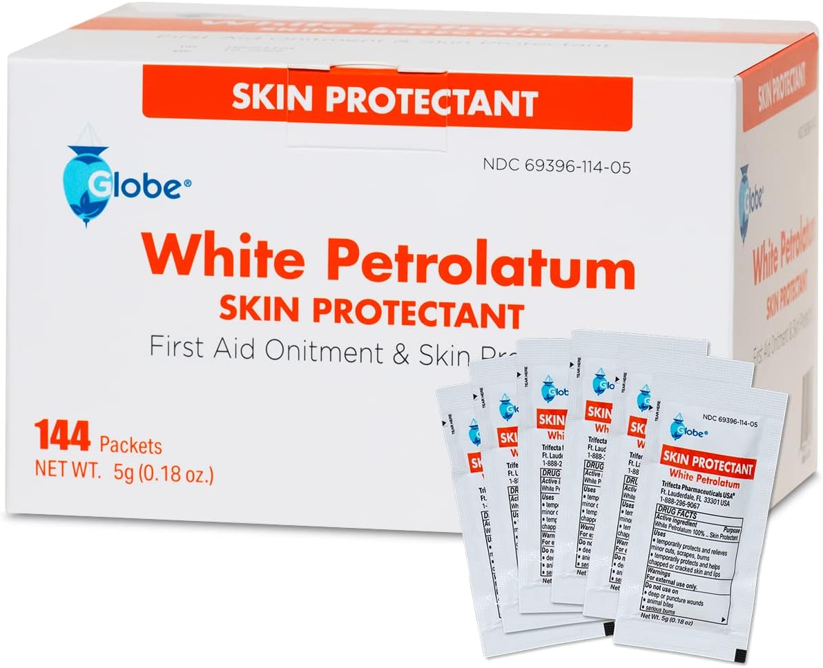 Globe (Box Of 144 White Petrolatum, Petroleum Jelly For Dry Or Cracked Skin, Soothing White Petroleum Jelly For Minor Skin Irritations, 5G Foil Packets, 144 Petroleum Jelly Packets