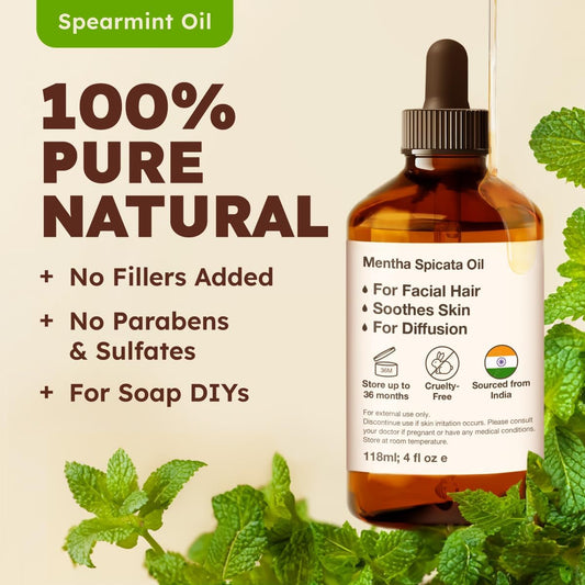 Kukka Spearmint Essential Oil For Facial Hair - 4 Fl Oz - 100% Pure Natural Aromatherapy Spearmint Oil For Skin & Hair Care Diffuser Bath Bombs Candle And Soap Making Scent & Diy