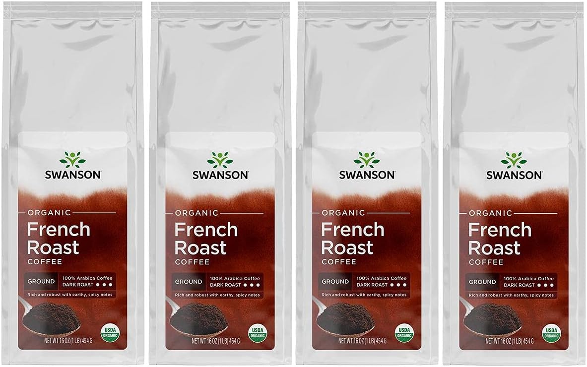 Swanson French Roast Fine Ground Organic Coffee - Dark 16 Ounce (1 Lb) (454 G) Pkg (4 Pack)