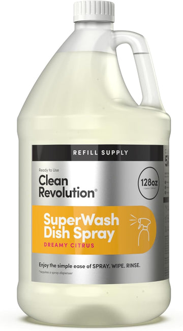 Clean Revolution SuperWash Dish Soap Spray 128oz Refill Supply Container, Ready to Use Formula, Citrus Fragrance, 1 Pack