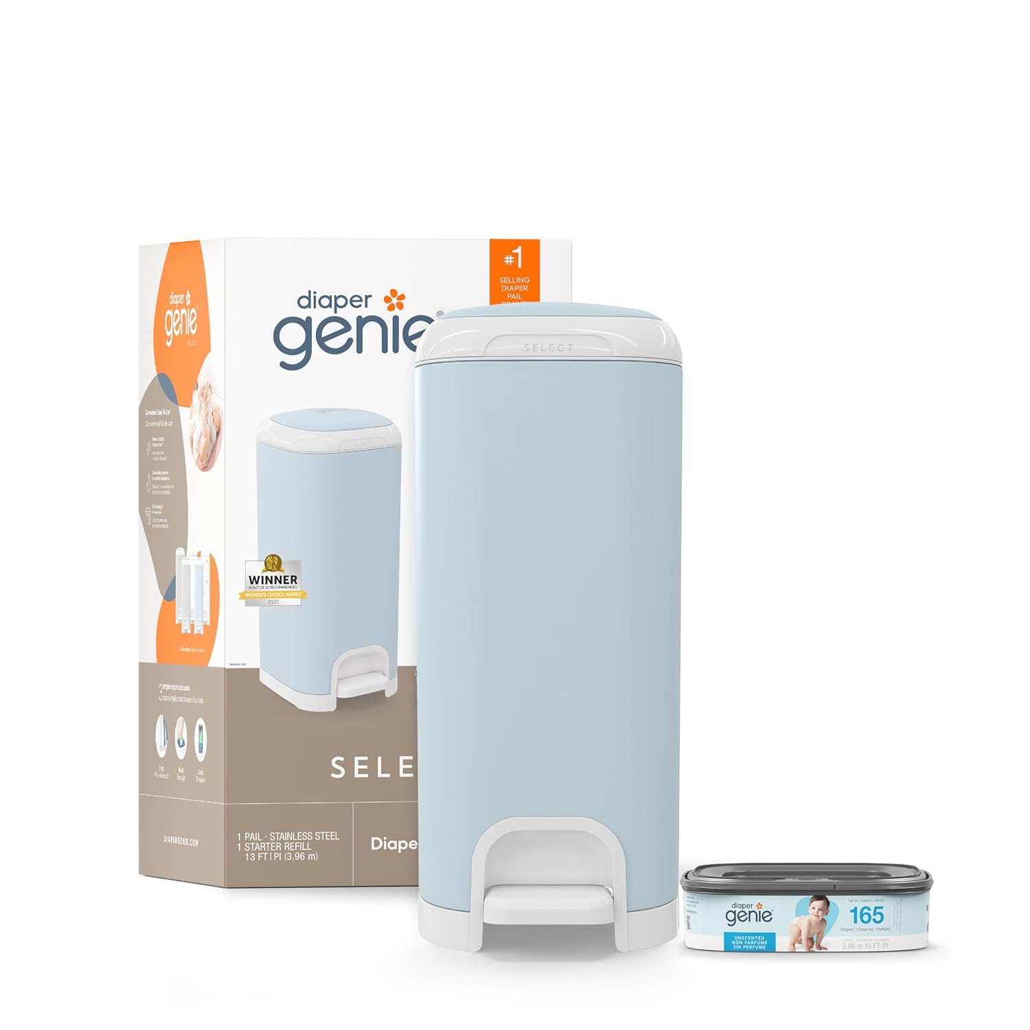 Diaper Genie Select Pail (Blue) Is Made Of Durable Stainless Steel And Includes 1 Starter Square Refill That Can Hold Up To 165 Newborn-Sized Diapers