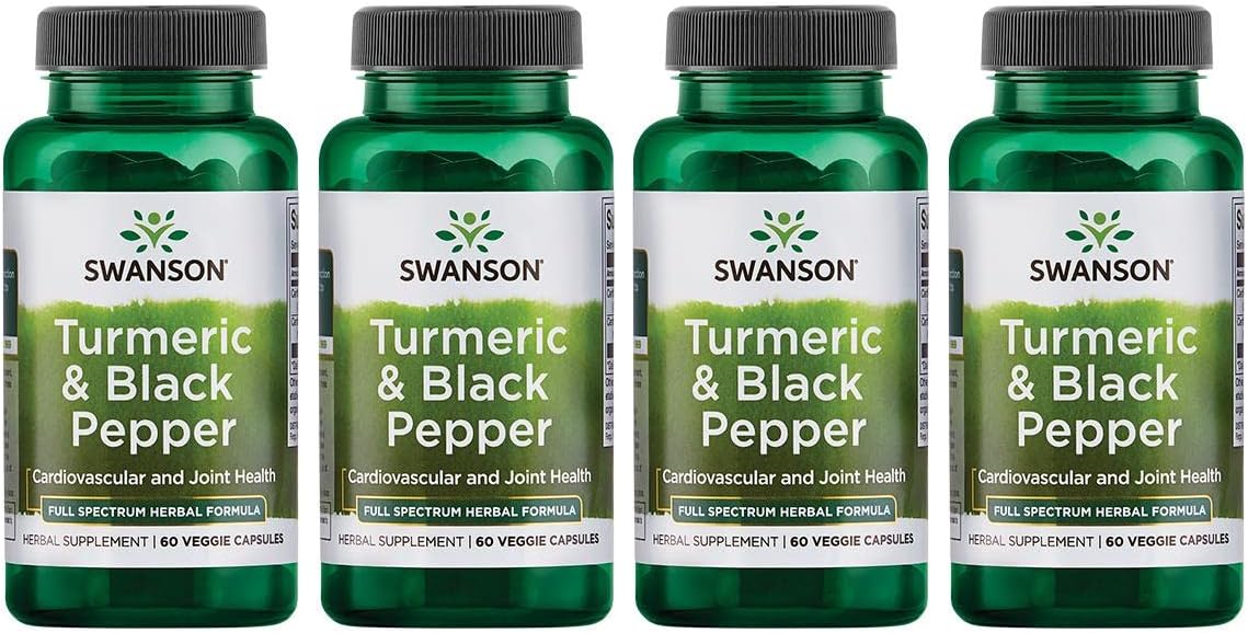 Swanson Turmeric & Black Pepper - Organic Joint Health, Heart Health, Digestion, & Liver Support Supplement - Natural Formula For Enhanced Bioavailability & Absorption - (60 Veggie Capsules) 4 Pack