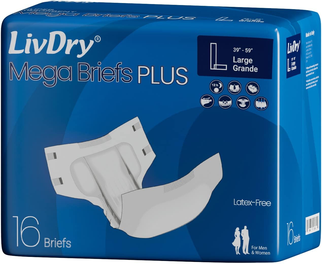 LivDry MegaBriefs Adult Diapers with Tabs, Max 12-Hour Capacity, Super Absorbent Incontinence Underwear, Leak Protection Briefs, Large, 16-Pack