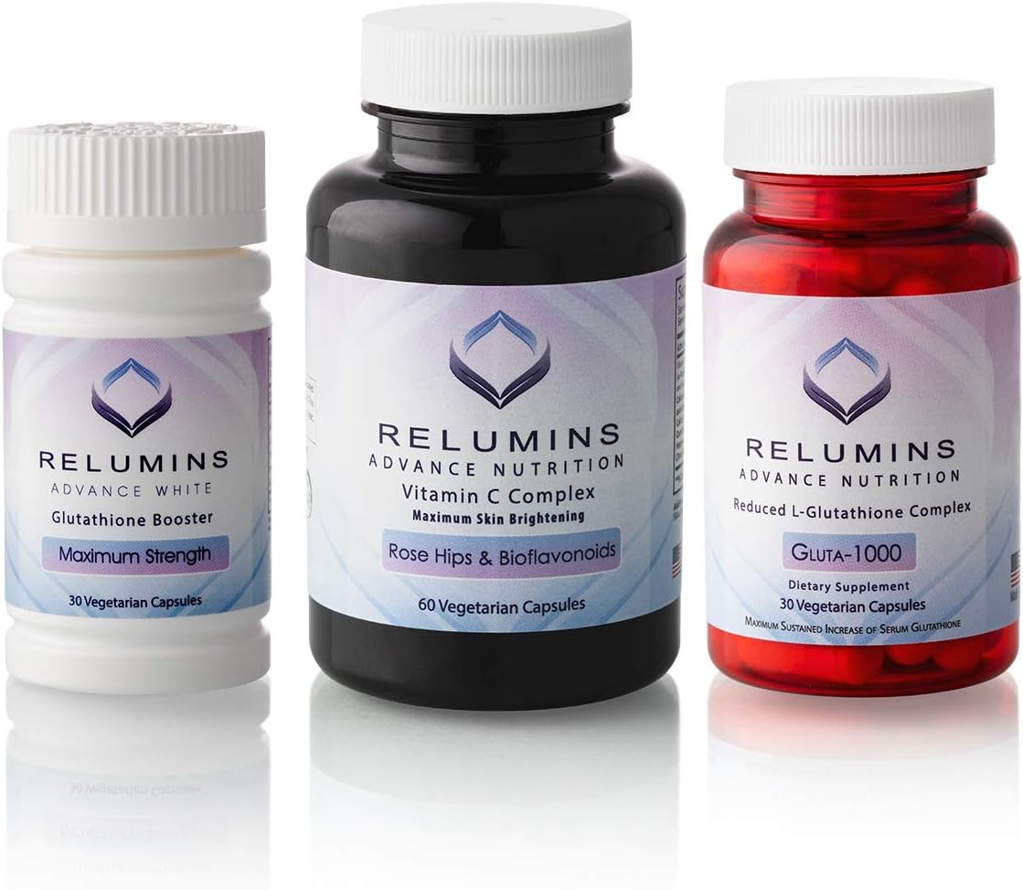 Relumins Advance Nutrition 3-Bottle Supplement Set – Gluta 1000 With Reduced L-Glutathione, Vitamin C Max, Immune Function & Overall Wellness – Vegan, Halal, Kosher, Cgmp Certified