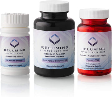 Relumins Advance Nutrition 3-Bottle Supplement Set – Gluta 1000 With Reduced L-Glutathione, Vitamin C Max, Immune Function & Overall Wellness – Vegan, Halal, Kosher, Cgmp Certified