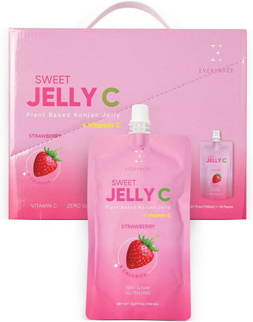 Everydaze Sweet Jelly C Konjac Jelly | Strawberry | Vitamin C, Vegan, Gluten Free, Sugar Free, Low Calorie | Healthy Drinkable Fruit Snack | 10 Pack Box Food Drink Pouch