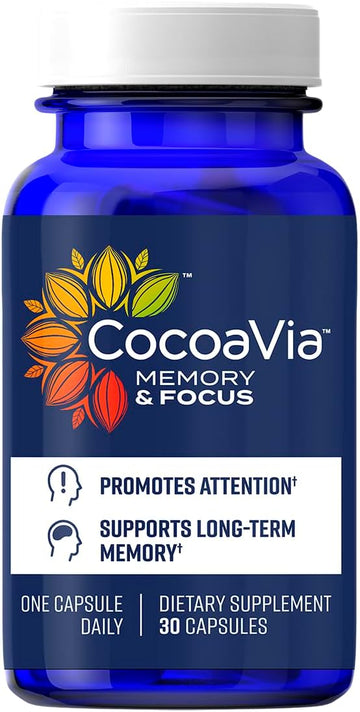 Cocoavia Memory & Focus Brain Supplement, 30 Day, Cocoa Flavanol Blend, Lutein, Added Caffeine For Boost. Improve Cognitive Function, Attention, Vegan & Plant Based, 30 Capsules