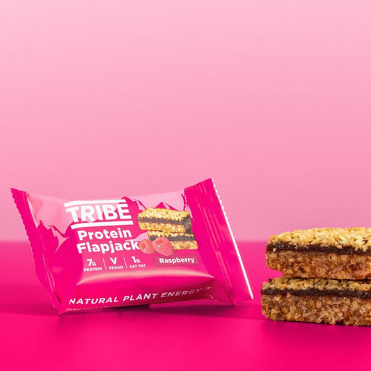 Tribe 3-Layered Protein Flapjack Raspberry, 50G - Healthy Snack Bars - Vegan, Dairy Free & Gluten Free (Pack Of 12 Bars)