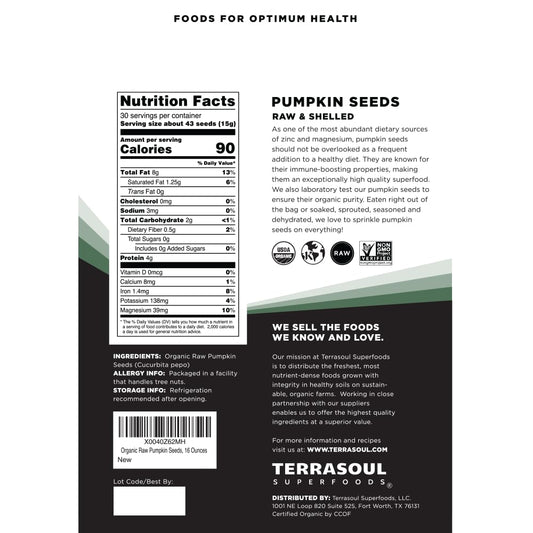 Terrasoul Superfoods Organic Pumpkin Seeds, 16Oz - Raw, Unsalted, Superfood For Snacking & Salad Boost