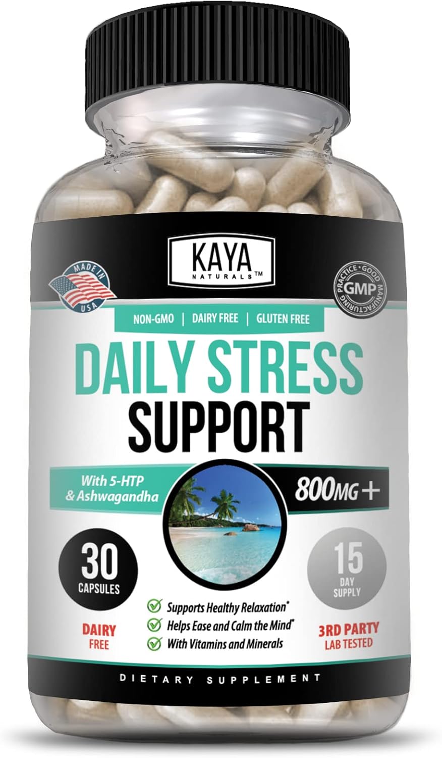 Kaya Naturals - Natural Herbal Stress Relief Support Vitamin Supplement To Relax And Calm The Mind - Boost Mood - Happy Pills - Anxiousness Support - 30 Capsules