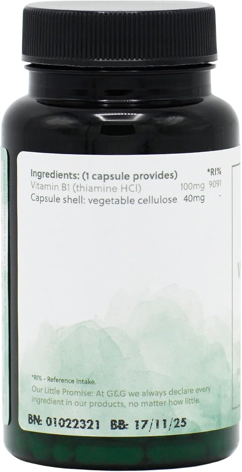 Vitamin B1 Thiamine Hcl Capsules - 100Mg Of B1 Thiamine Hcl Per Capsule - 90 Vegan Capsules - G&G Vitamins