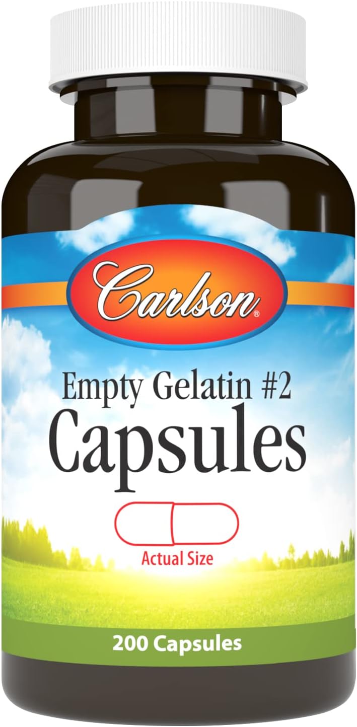 Carlson - Empty Gelatin #2 Capsules, Size #2, Empty Gelatin Capsules, Easy to Separate & Fill, Empty Capsules, Gel Caps, 200 Capsules