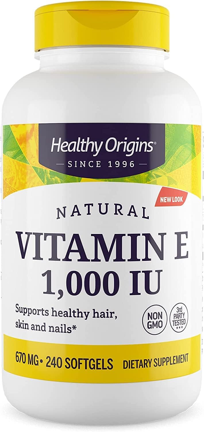 Healthy Origins Vitamin E, 1,000 IU (Natural) Mixed Tocopherols - Vitamin E Supplement - Gluten-Free & Non-GMO Skin, Hair & Nails Vitamin - 240 Softgels