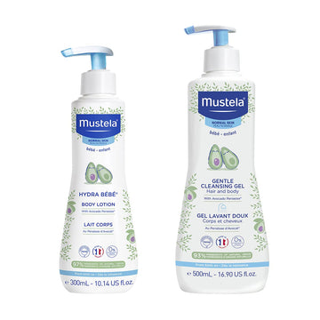 Mustela Baby Bath Time Gift Set - Baby Skin Care Essentials With Natural Avocado - Contains Hydra Bebe Body Lotion 10.14 Fl. Oz. & Gentle Cleansing Gel 16.9 Fl. Oz. - 2 Items Set