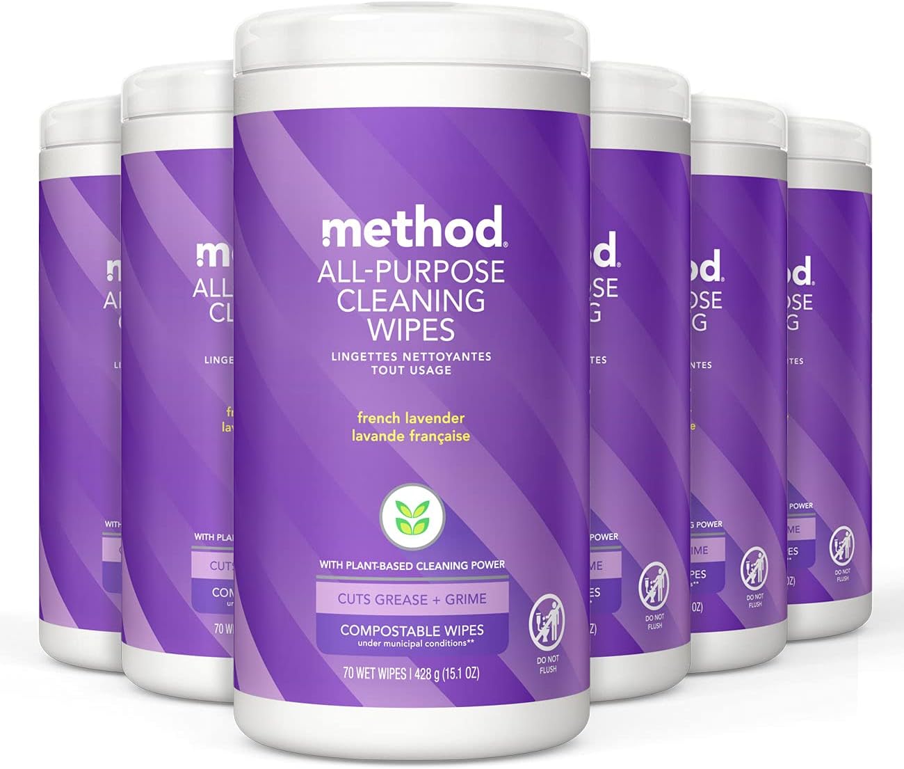 Method All-Purpose Cleaning Wipes, French Lavender, Multi-Surface, Compostable, 70 Count (Pack of 6)