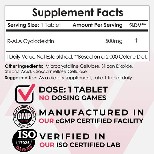 Nootropics Depot R-Ala Cyclodextrin Complex Tablets | 500Mg | Optimized R-Alpha Lipoic Acid | 30 Count
