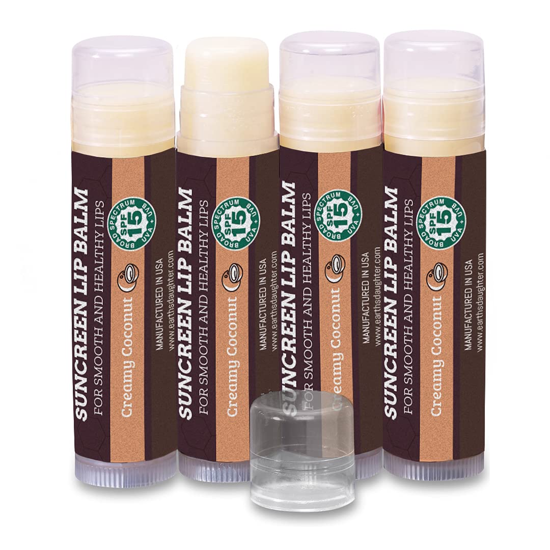 SPF Lip Balm 4-Pack by Earth's Daughter - Lip Sunscreen, SPF 15, Organic Ingredients, Coconut Flavor, Beeswax, Coconut Oil, Vitamin E - Hypoallergenic, Paraben Free, Gluten Free, New