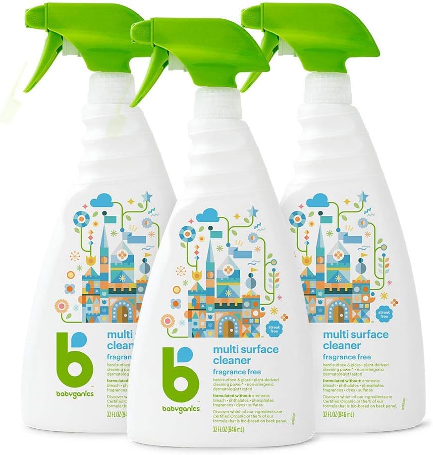 Babyganics Multi Surface Cleaner, Fragrance Free, For Hard Surfaces, Glass, Stainless Steel, Tiles, And Walls, 32 Fl Oz Spray Bottle (Pack Of 3)