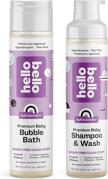 Hello Bello Tear-Free Bubble Bath For Babies & Kids, Lavender, 10 Fl Oz + Gentle Hypoallergenic Shampoo & Body Wash, Ph-Balanced & Dermatologist-Tested, Vegan, 10 Fl Oz