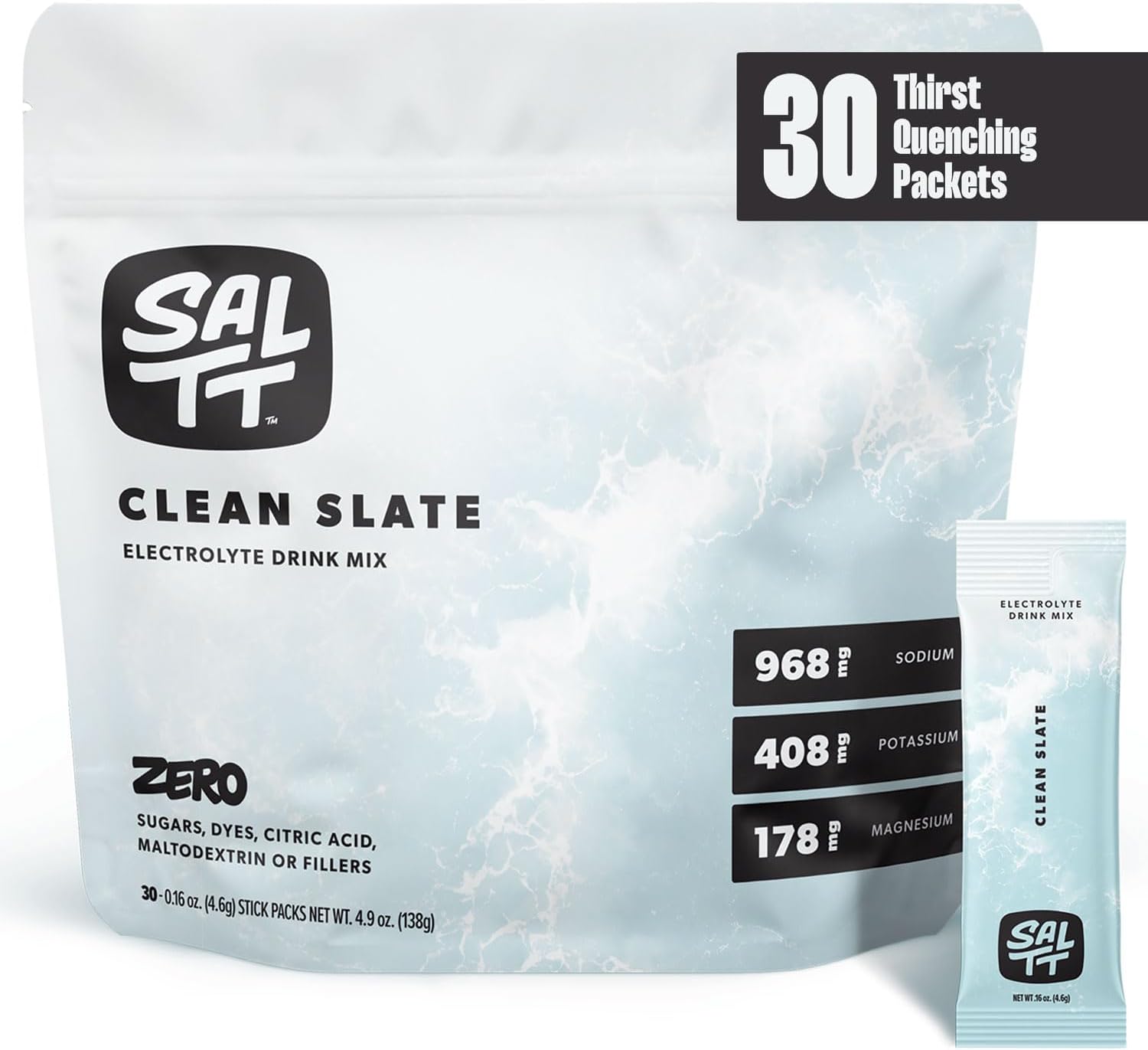 Saltt Electrolytes Powder Unflavored Drink Mix - Clean Slate - 30 Hydration Packets - Magnesium, Potassium, Sodium, Trace Minerals - Zero Sugar & Gluten Free - Travel Essentials - By Keto Chow