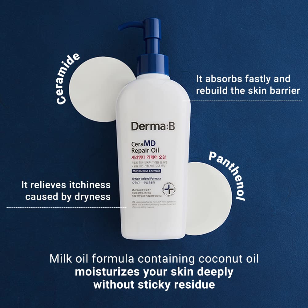 Derma B CeraMD Repair Oil 200ml, Unscented Fragrance Free Lightweight Fast Absorbing Soften Moisturizing Body Oil with Coconut Oil Milky Formula for Dry Sensitive Itchy Skin without Greasy : Beauty & Personal Care