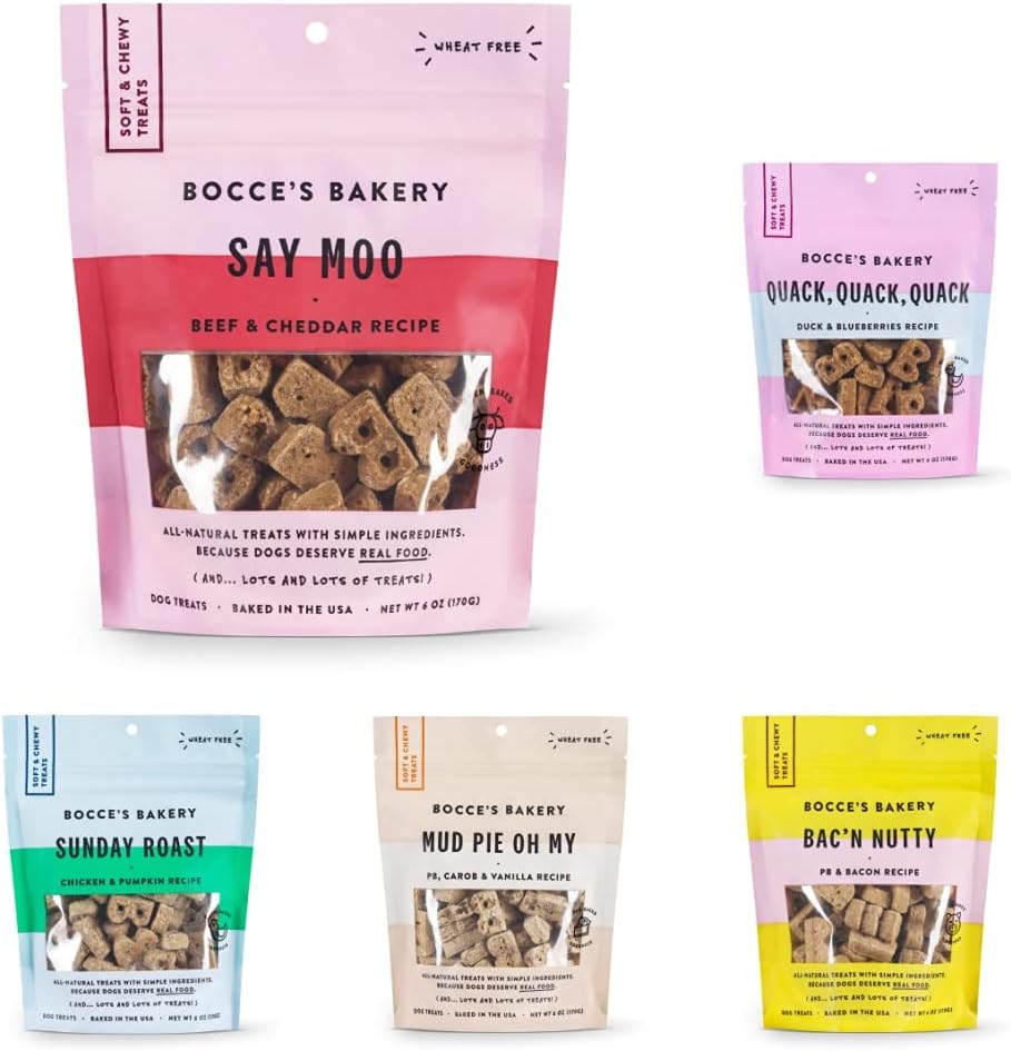 Bocce's Bakery Oven Baked Treat Bundle for Dogs, Wheat-Free Everyday Dog Treats, Made with Real Ingredients, Baked in The USA, All-Natural Soft & Chewy Cookies, 6 oz : Pet Supplies