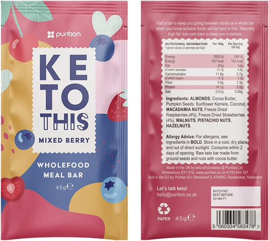 Purition Wholefood Meal Bars Mixed Berry Flavour 12 Pack | Vegan & Keto Friendly | No Added Sugar | Premium Low Carb High Fat Keto Meal Bars With Only Natural Ingredients