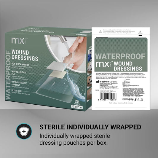 Mx Health Waterproof Wound Dressing Film+Pad - 10X12Cm (5X6Cm Wound Pad) - 25 Individually Wrapped Dressings Per Box