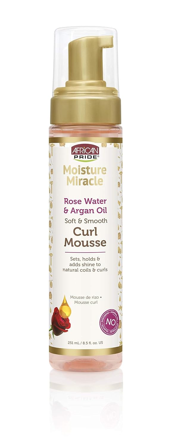 African Pride Moisture Miracle Rose Water & Argan Oil Curl Hair Mousse, Flexible Hold, Enhances Curls, Creates Wave Patterns, No Residue, Deep Moisture, Adds Shine, Strengthens & Protects Hair, 8.5 Oz