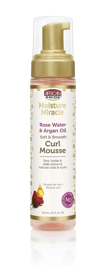 African Pride Moisture Miracle Rose Water & Argan Oil Curl Hair Mousse, Flexible Hold, Enhances Curls, Creates Wave Patterns, No Residue, Deep Moisture, Adds Shine, Strengthens & Protects Hair, 8.5 Oz
