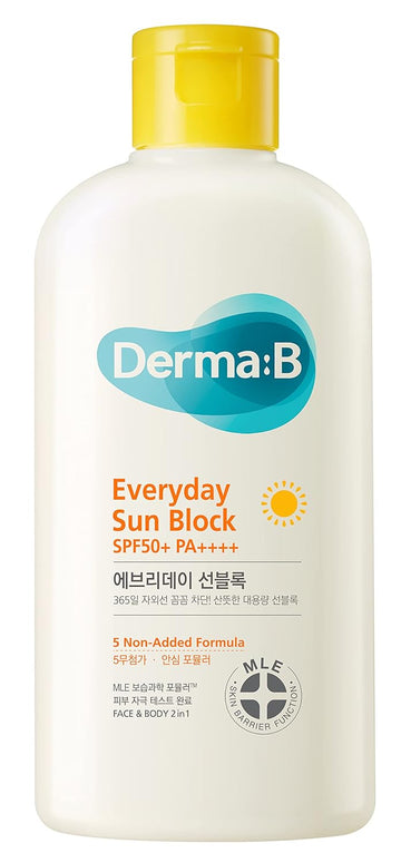Derma B Everyday Sun Block Large Size Sunscreen SPF50+ PA++++ 6.71 Fl Oz, 200ml Fast-Absorbing Lightweight SPF Moisturizer, Facial Body Non-Sticky for Dewy Skin, Korean Protection Lotion