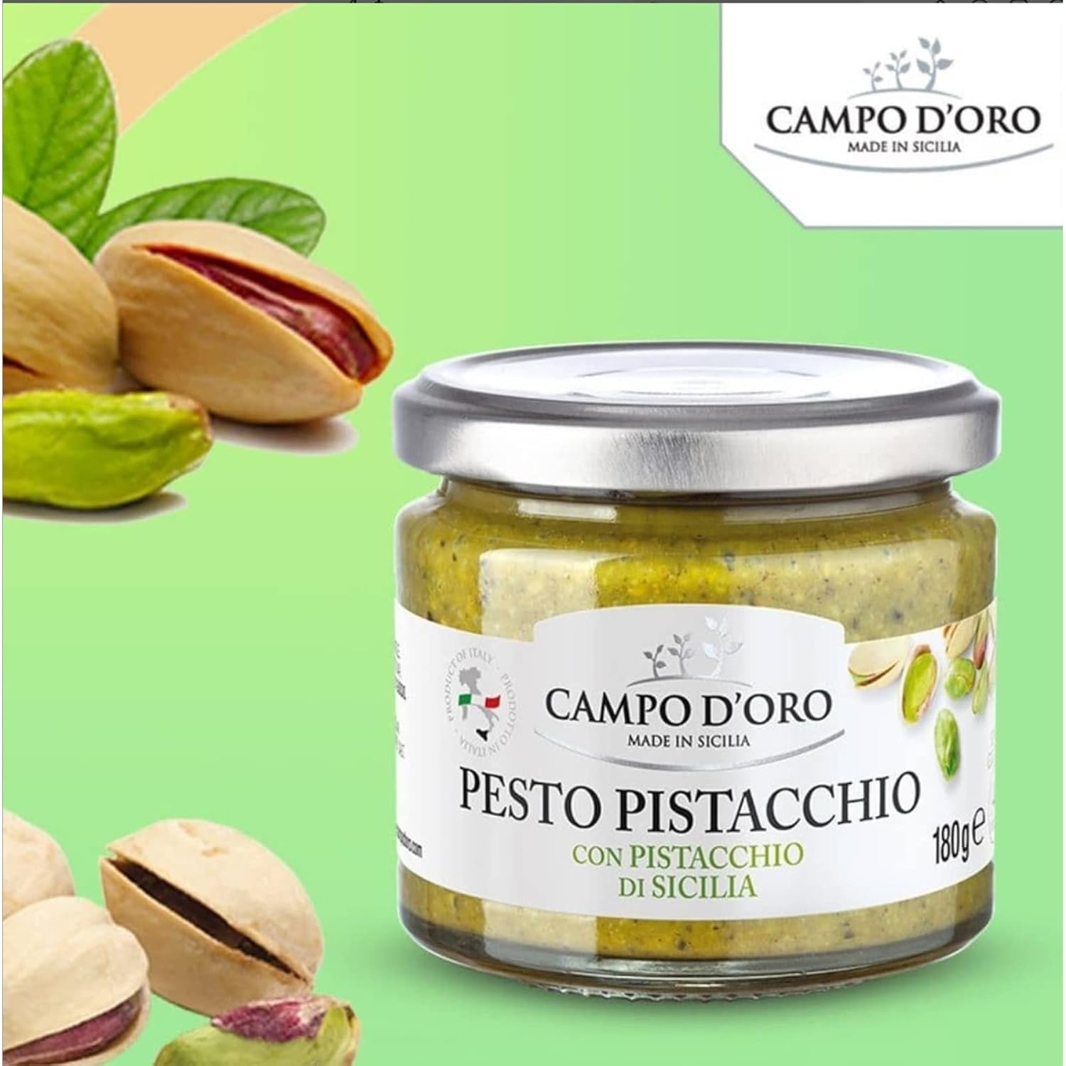 Pistachio Pesto, Paste, Unsweetened, Sicilian Pesto Sauce, Savory, Creamy, Spreadable, 6.35Oz, Sicily, Italy. By Campo D'Oro