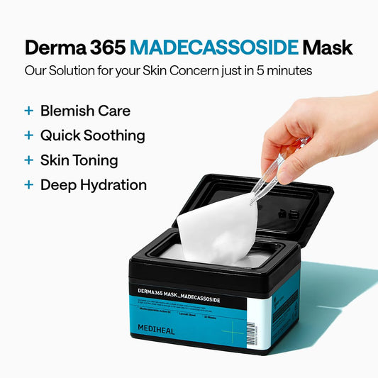 Mediheal Derma 365 Madecassoside Mask (30 Masks) - Daily Skin Care Mask For Deeply Comforting And Calming Skin With Madecassoside