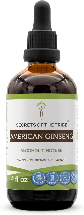 Secrets of the Tribe American Ginseng Tincture Alcohol Extract, Farm Grown Ginseng (Panax Quinquefolius) Dried Root Tincture Supplement (4 FL OZ)