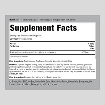 Piping Rock Artichoke Extract Capsules 8000mg | 200 Count | Non-GMO, Gluten Free Supplement
