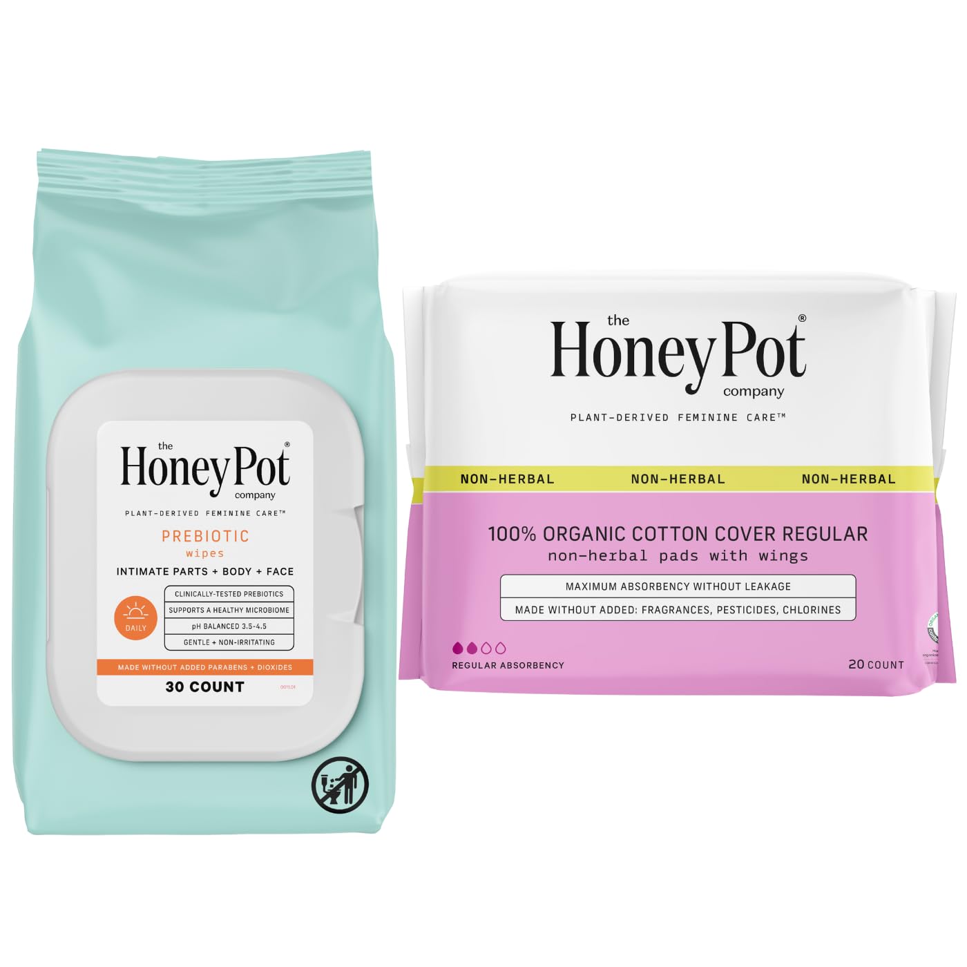 The Honey Pot Company - Prebiotic Feminine Wipes & Non-Herbal Regular Pads Bundle - Ph Balanced Natural Hygiene Feminine Products - Sanitary Pads For Women - Feminine Care - Fsa & Hsa Eligible