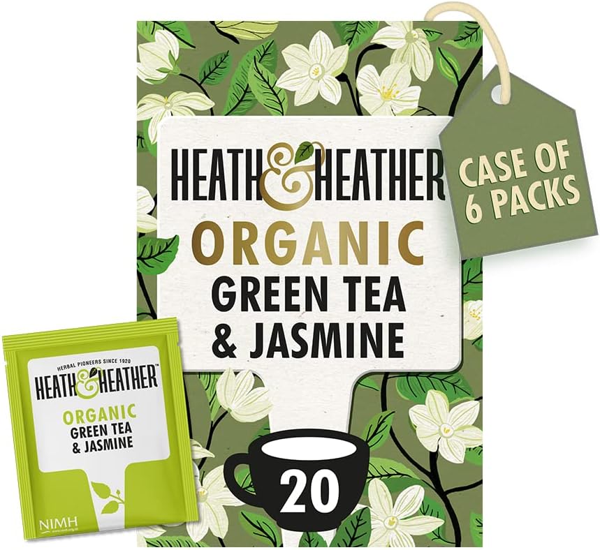Heath & Heather Organic Green Tea With Jasmine (6 Packs Of 20, Total 120) Individually Wrapped Caffeine-Free Herbal Tea Infusions