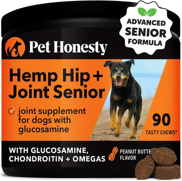 Pet Honesty Senior Hemp Hip & Joint Support, Hemp for Dogs, Mobility Support for Senior Dogs, Hemp Oil & Powder, Glucosamine, Collagen, MSM, Green Lipped Mussel, Helps Discomfort (Peanut Butter, 90)